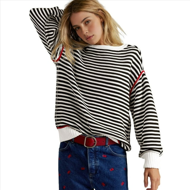 Sudadera Holgada A Rayas para Mujer, Cuello Redondo, Larga, Sudaderas con Capucha, Moda de Verano 2025, Jersey de Cuello Alto. L