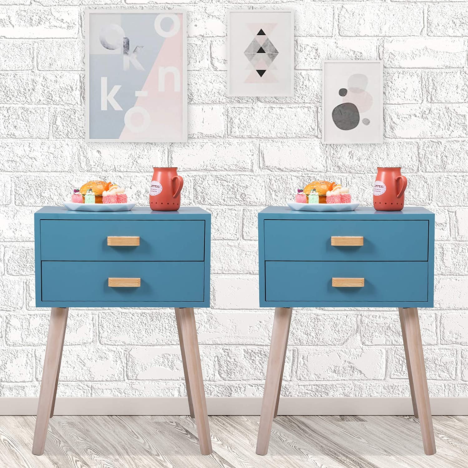 Lowestbest Set of 2 Nightstand with 2 Drawers, Wood Bedside End Table Storage Cabinet, Mid-Century Modern Style Office Accent Side Table Lowestbest Set of 2 Nightstand with 2 Drawers, Wood Bedside End Table Storage Cabinet, Mid-Century Modern Style Office Accent Side Table
