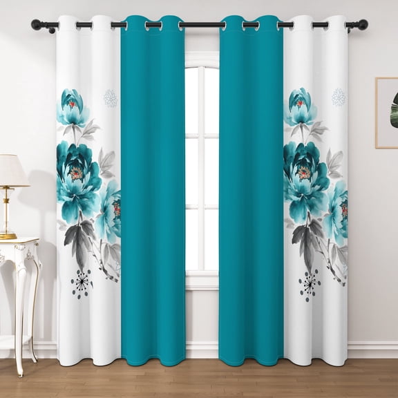 Lfeey Teal Floral Blackout Curtains for Bedroom, Room Darkening Thermal Insulated Grommet Window Drapes, 42x63 Inch Set of 2