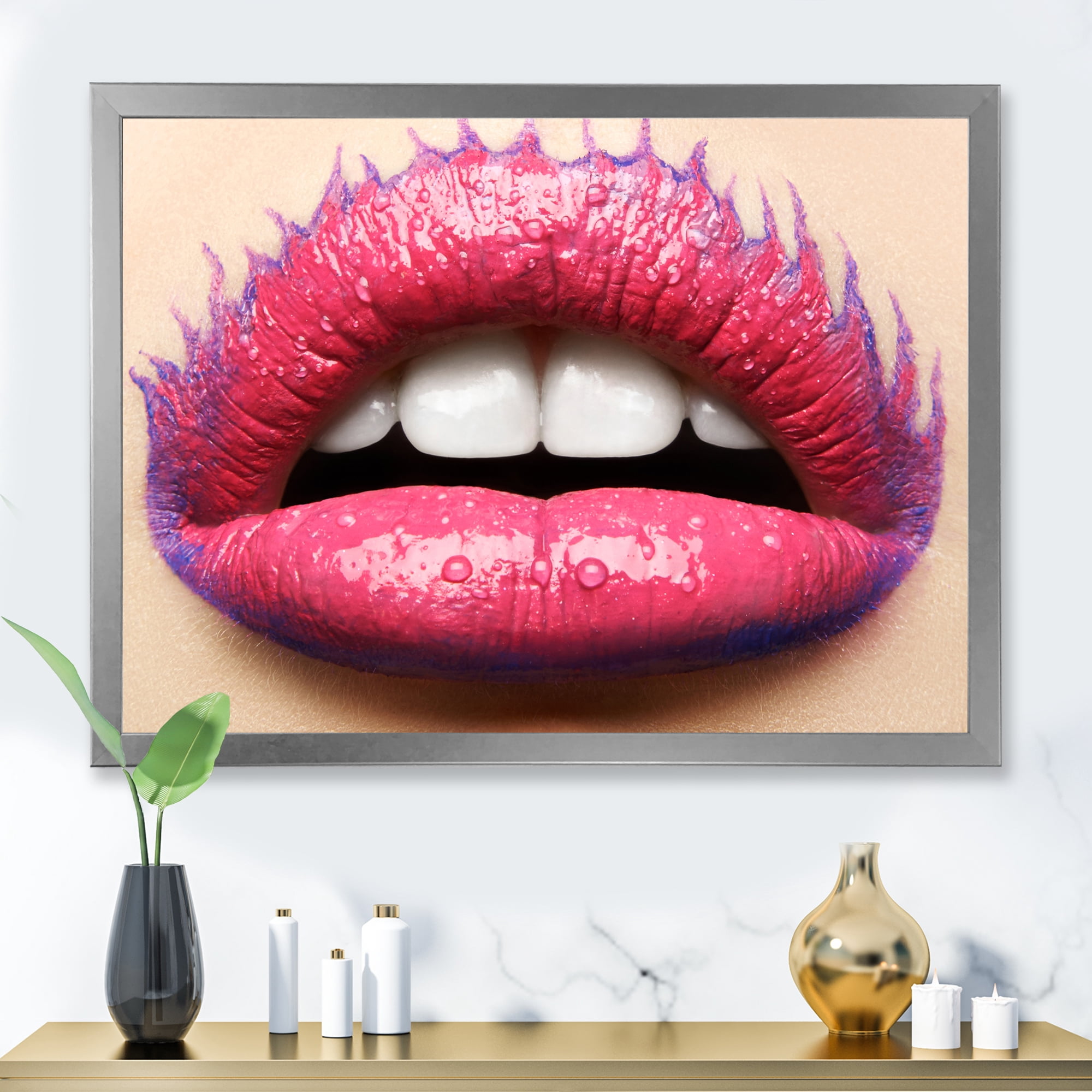 Designart 'Beautiful Woman Lips With Pink Lipstick' Modern Framed Art Print