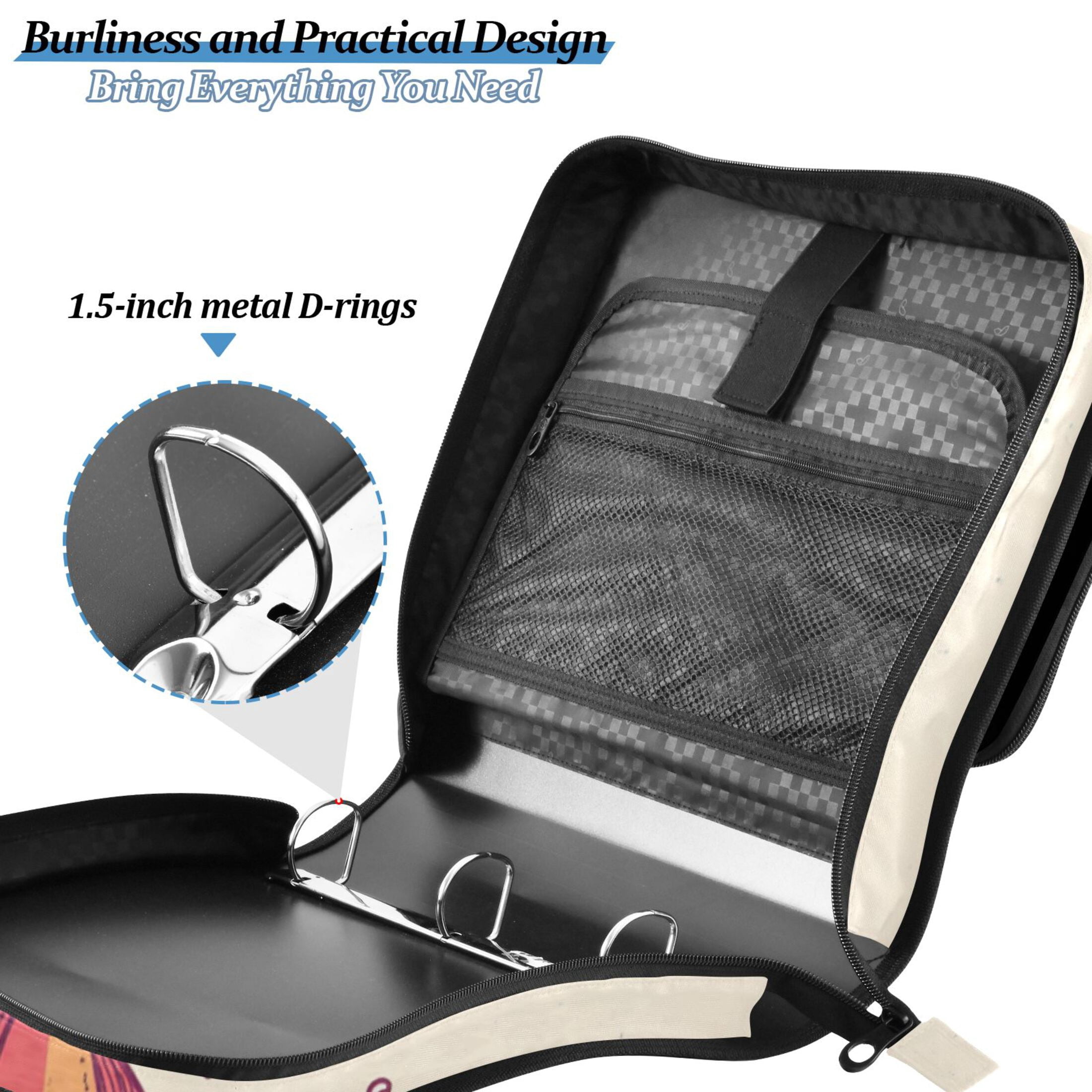 3 Ring Zipper Binder with Shoulder Strap Waterproof Trapper Keeper 2 Inch D-Ring 500 Sheets Capacity Guitar and Notes