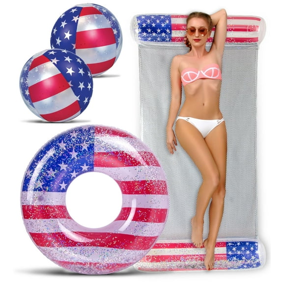 POZA Inflatable USA Pool Floats - Luxurious Swim Floats Filled with Sparkling Silver Confetti Stars, Adults and Kids Swimming Pool Floats, Cool American Flag Floats for Pool, Beach, and Lake - 3 Packs