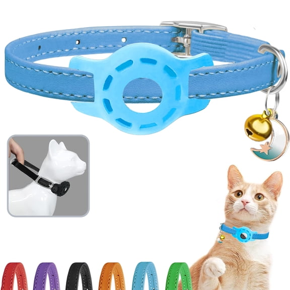 Leather AirTag Cat Collar with Bell & Air Tag Holder Case for Apple Tracker - Kitten Collar, for Cats with Safety Elastic Strap