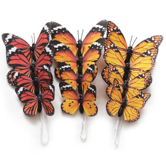 Paquete de 12 estacas con forma de mariposa para decoración, color naranja