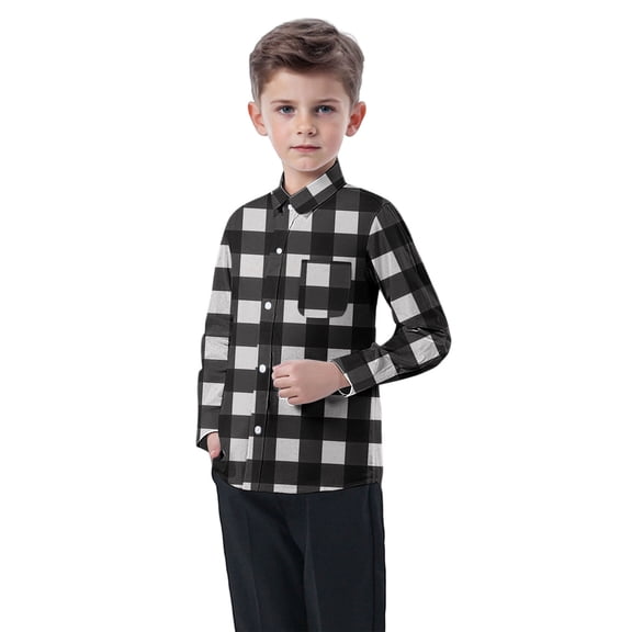 Eltusu Boys Plaid Shirts, Lapel Collar Lightweight Casual Long Sleeve Button-Down Shirts Black Size 12 Months-8 T