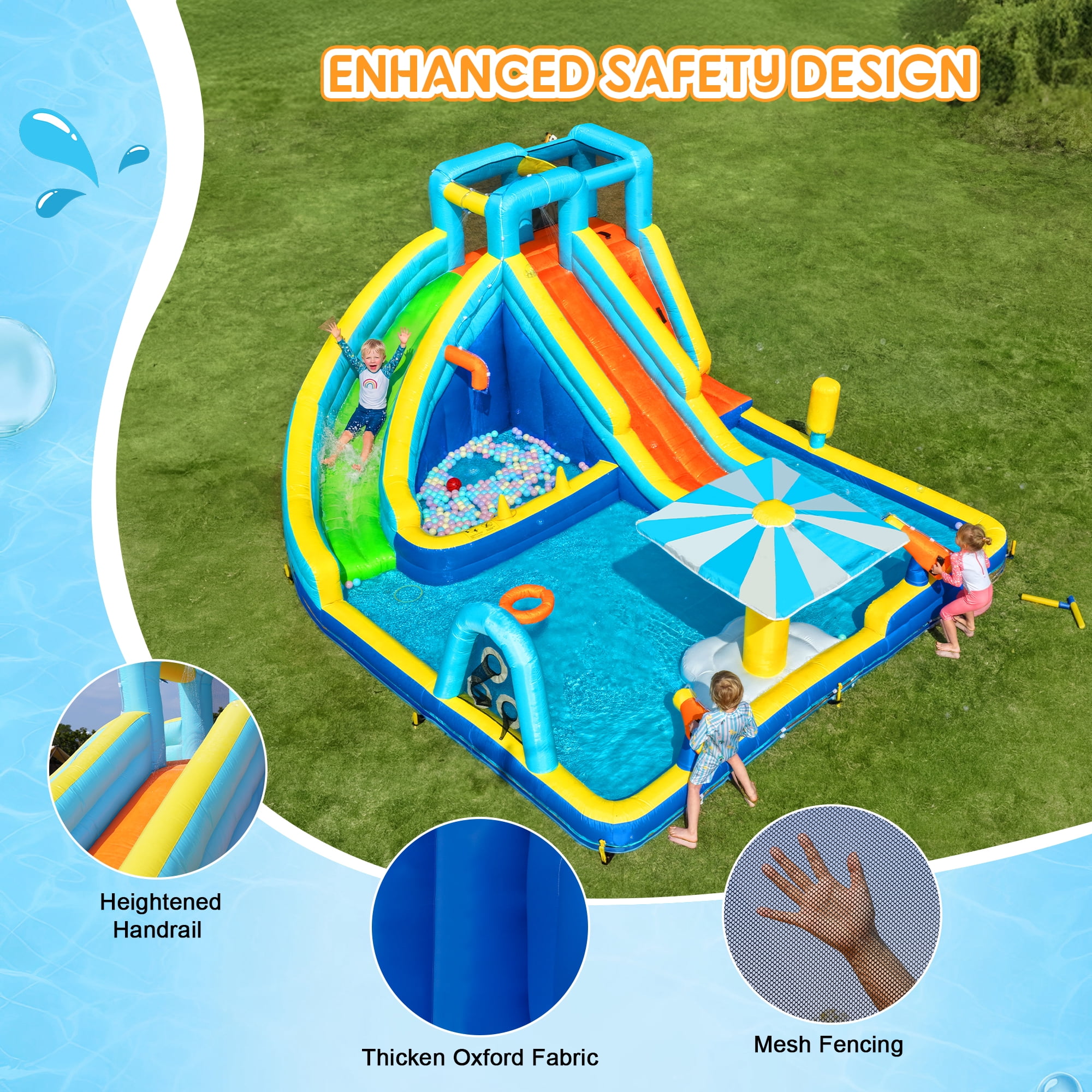 SaveJoy Giant 11-in-1 Inflatable Water Slide Bounce House, 197''x169''x87'', 750W Blower, Summer Water Park for Kids 3-8, Indoor & Outdoor Use