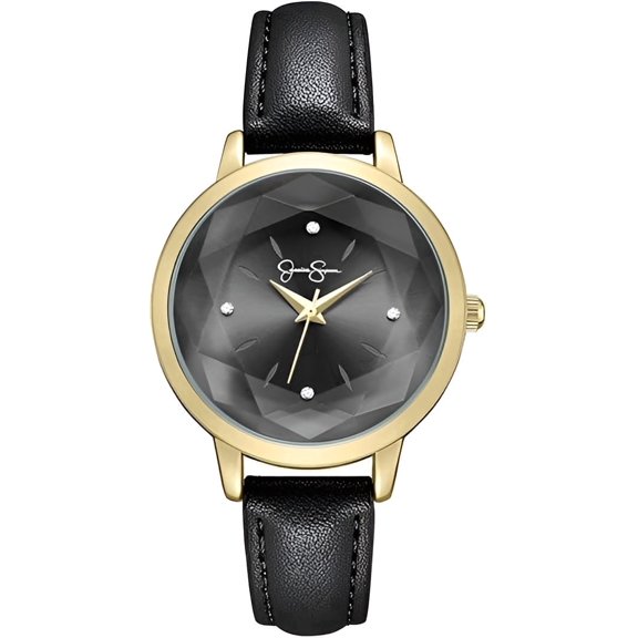 Jessica Simpson Women’s Black Watch – Leather Band Dress Watch with Faceted Crystal Dial, Quartz Movement, Elegant Fashion Wristwatch for Women