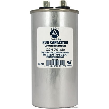 

appli parts run acitor for ac 70 mfd (microfarads) 370 vac or 450 vac cbb65 round universal fit for hvac and other applications 4-3/4 in high 2 in wide con-70-450