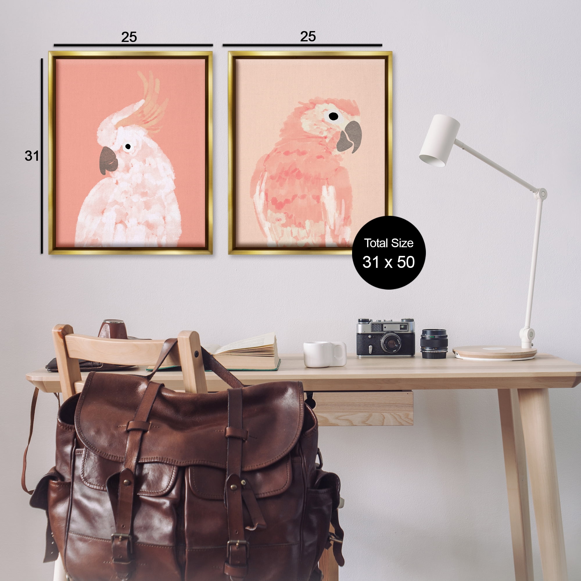 Stupell Industries Peach Cockatoo Parrot Profile Animals Painting Gold Floater Framed Canvas Art Print Wall Art, 31 x 25, Set of 2