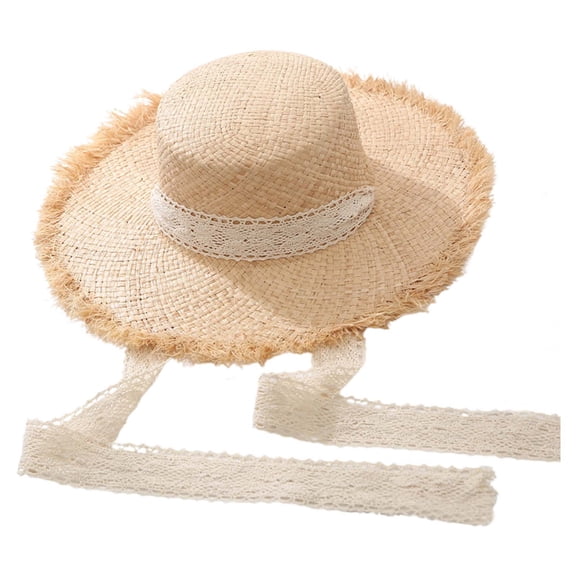 Women’s Straw Sun Hat Frayed Brim With Lace Trim And Ribbon Tie Wide Brim Sun Protection Beach Hat