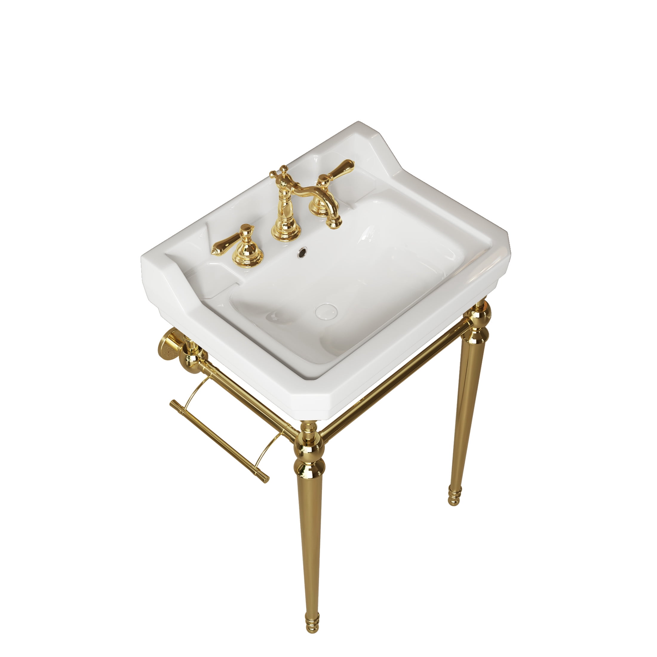 Noble House VICI 23" Bathroom Console Sink, Wall-Mounted Ceramic Basin Vanity with Stainless Steel Legs, White & Gold