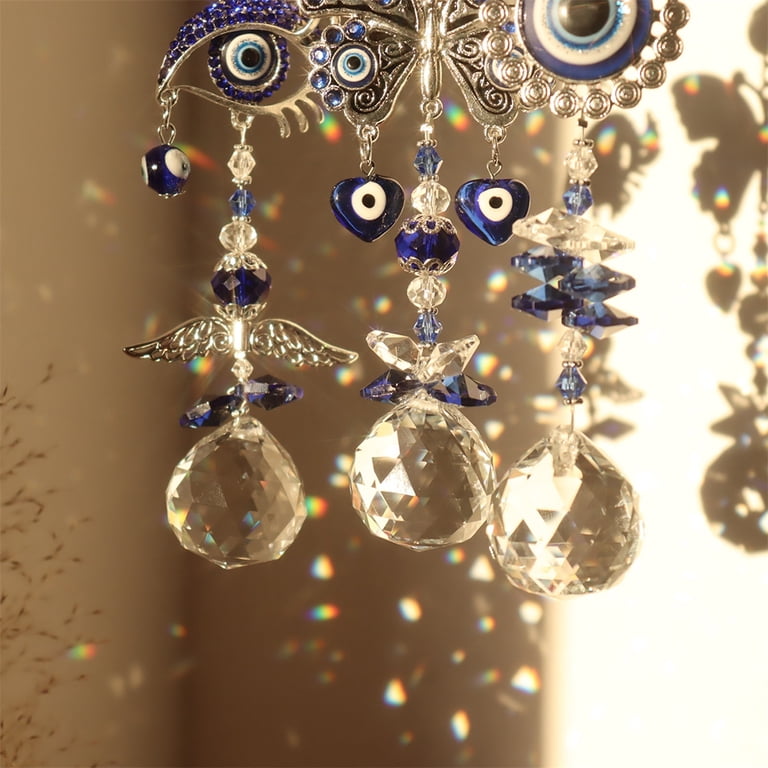 Evil Eye Wall Pendant - Handmade Silver Metal & Blue Crystal, Good Luck Charm, Protection Decor