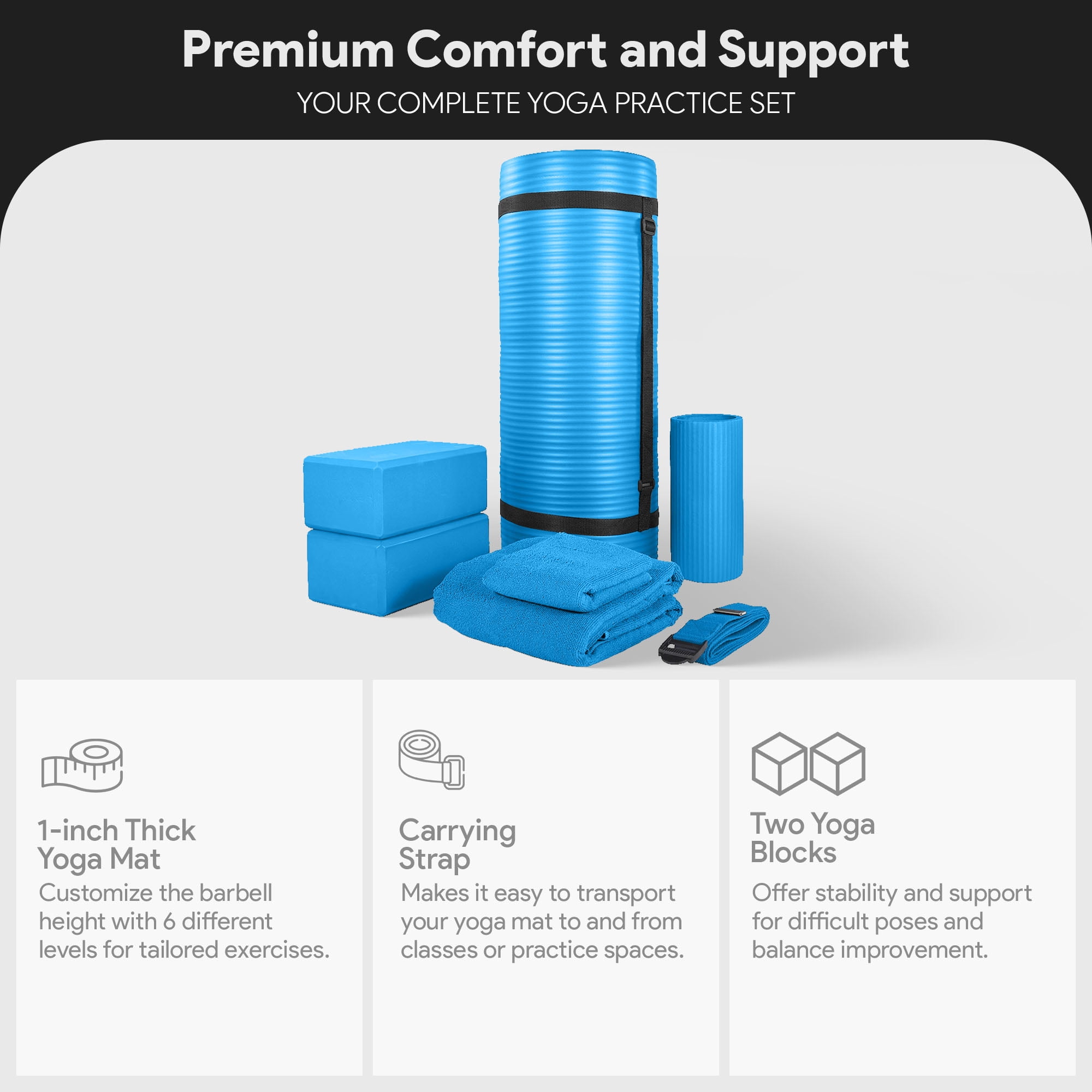 BalanceFrom Complete 7-Piece Yoga Set with 71” x 24” x 1” Extra Thick Mat, Blue