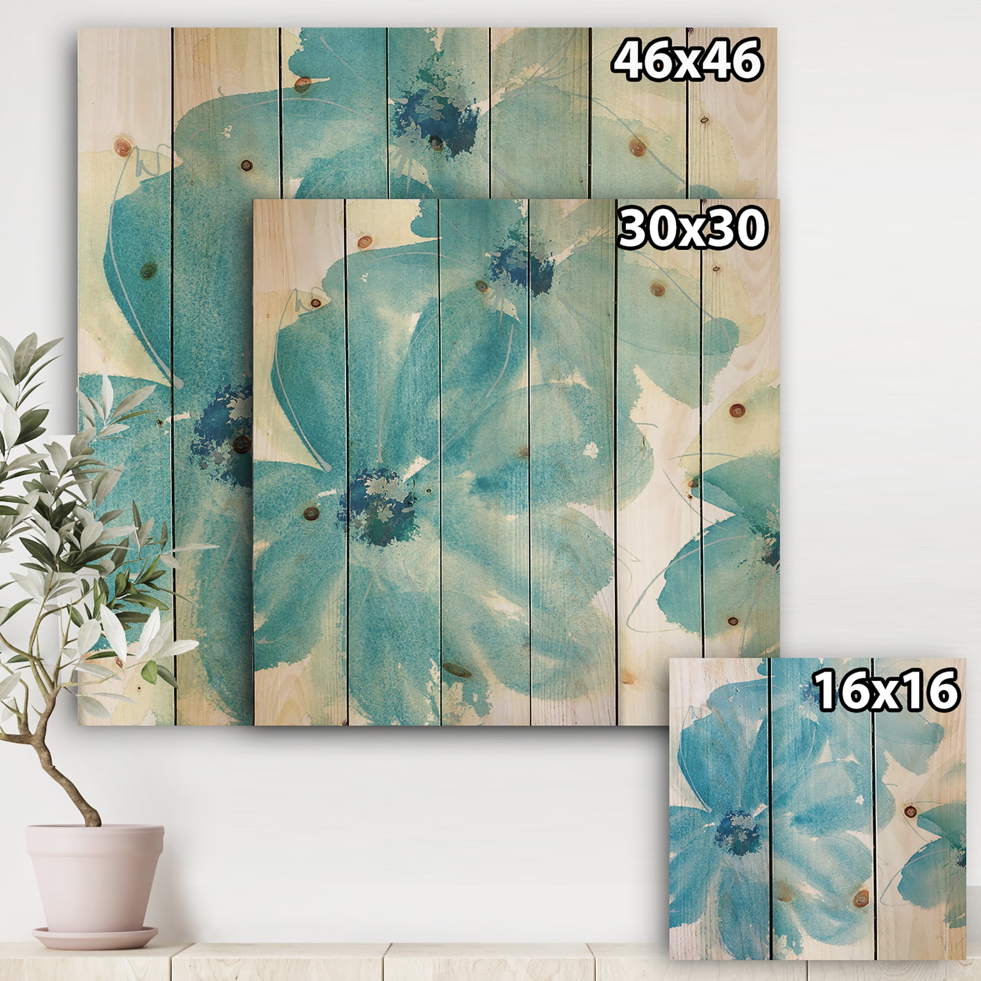 Designart 'Blue Watercolor Flowers' Farmhouse Print on Natural Pine Wood