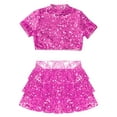 thumbnail image 3 of TTAO 2 Piece Dance Outfits Set Kids Girls Short Sleeve Crop Top with Tiered Skirt Jazz Ballroom Dancewear Hot Pink 8, 3 of 5