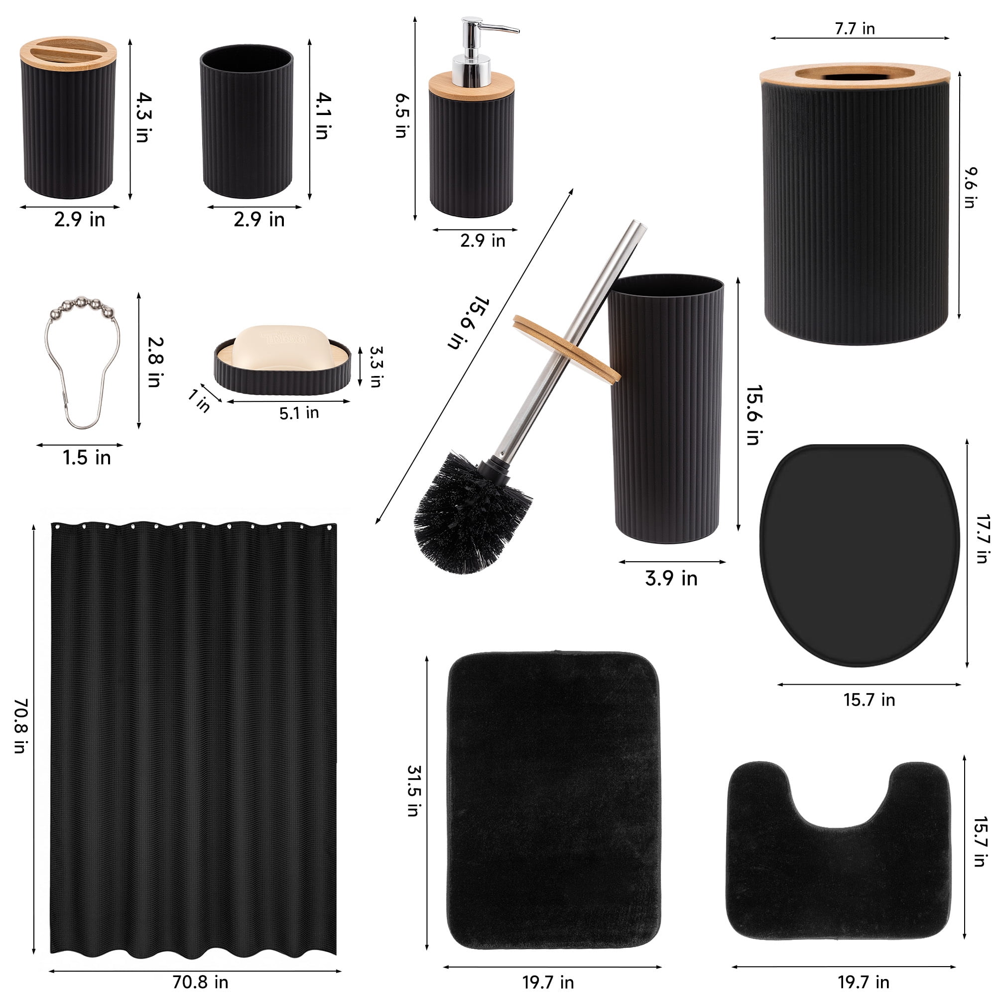 ALLJOY Bathroom Accessories, 23Pcs Black Bathroom Accessories with Shower Curtain and Rugs Set,Bathroom Decor and Accessories