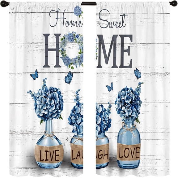 Farmhouse Blue Hydrangea Kitchen Curtains Rusitc Country Retro Vintage Home Sweet Small Short Cafe Tier Wooden Window Drapes Decor Bathroom Curtains Rod Pocket (27.5W X 39L Inch 2 Panels)
