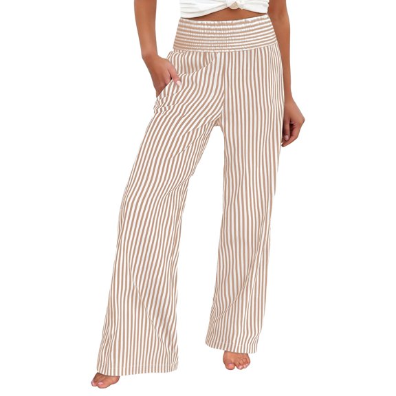 RUTAYY Women's Pants Casual Striped High Waist Loose Fit Straight Leg Bottoms with Pockets Comfortable Everyday Wear Classic Versatile Trousers