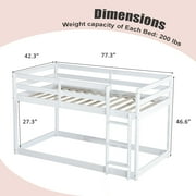 Bunk Bed Twin Over Twin, Low Twin Size Floor Bunk Beds with Ladder, Solid Wood Junior Bunk Bed for Teens Bedroom, No Box Spring Needed-White