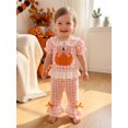 thumbnail image 6 of RUINIXCW Toddler Baby Girl Halloween Outfit Infant Baby Girl Summer Fall Clothes Cute Pumpkin Ghost Embroidery Short Sleeve Plaid Shirt Tops Flared Pants Set, 6 of 9