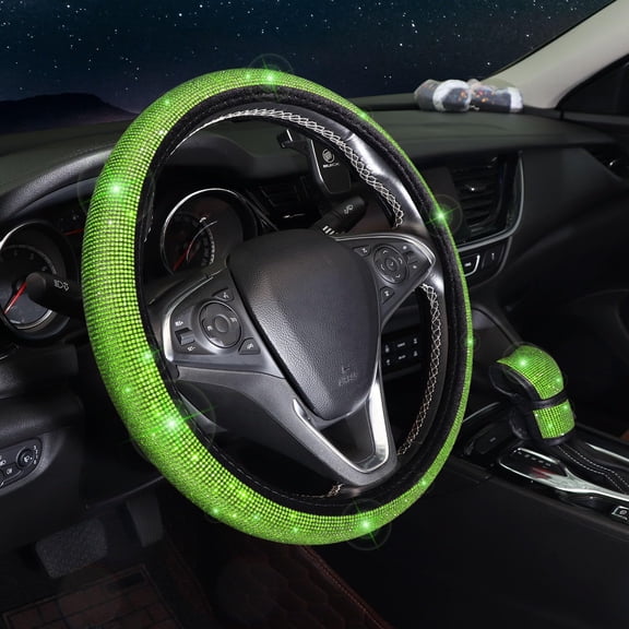 Steering Wheel Cover for Women 15 inch Set of 7,Crystal Diamond Rhinestone Green Bling Car Accessories,Seat Belt Cover,Gear Shift Cover,Push Start Bling Ring,Cup ,Grass Green