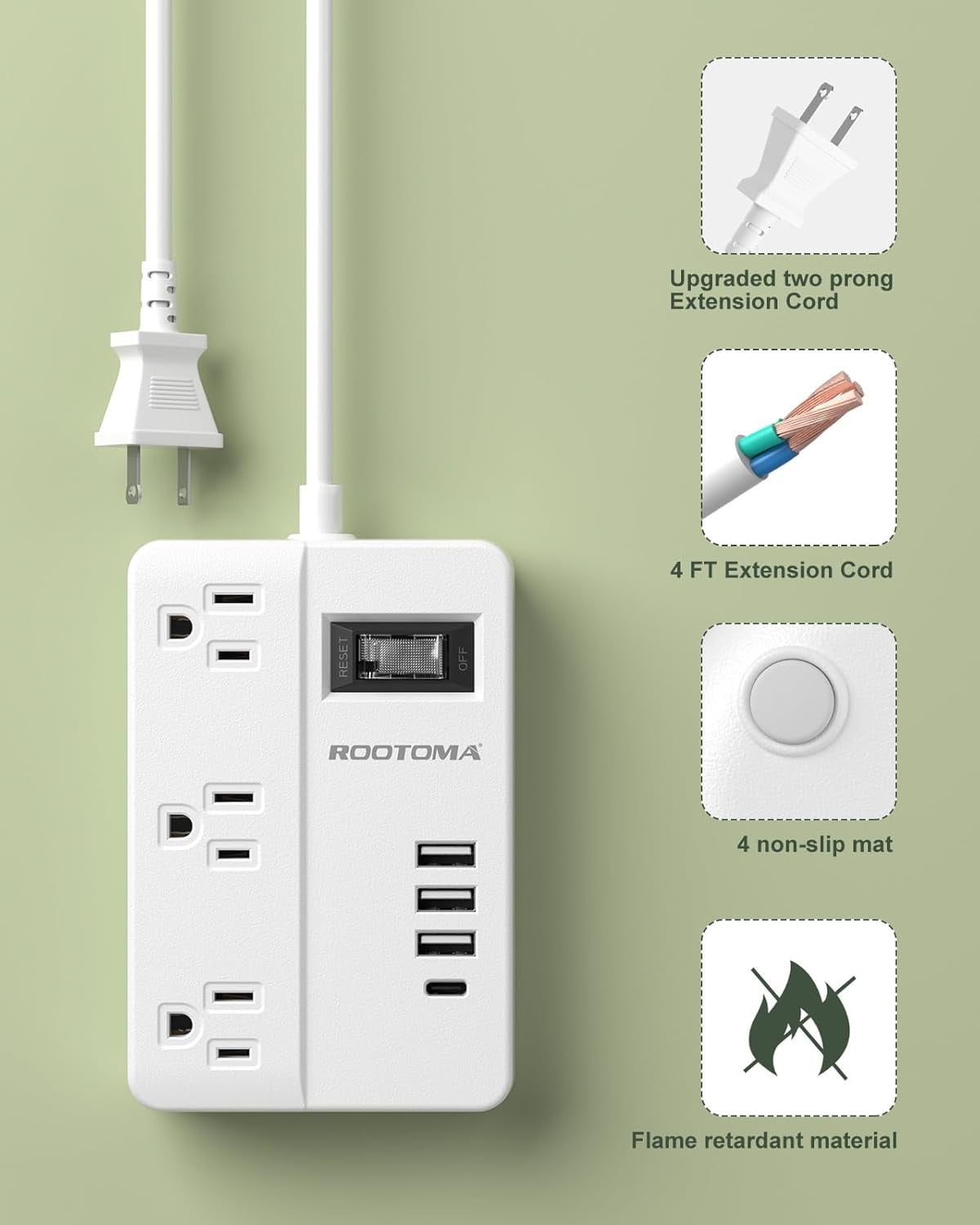 RGHJAR-2 Prong Power Strip with USB-C, 2 Prong to 3 Prong Outlet Adapter, 1080J 2 Prong Surge Protected with 3 Outlet & 4 USB, 3 Prong Adapter 4ft, for Polarized Two Prong Outlet, Old House, White