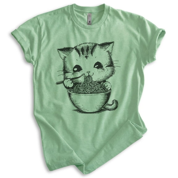 Kitten Eating Ramen T-shirt, Unisex Women's Men's Shirt, Cute Kitten Eating Ramen Noodles Funny Cat, Heather Apple Green, Medium