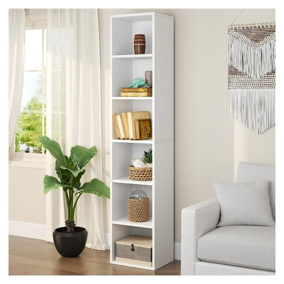 Gexandy Tall Narrow Bookshelf, 6-Tier Cube Display Rack, Modern Corner Bookshelf with Storage Space, Storage Cabinet for Home Office,White