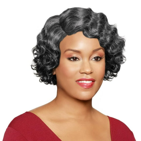 Christine Wig Color 1B - Foxy Silver Wigs Short Fingerwave Wavy Fusion Heat Resistant Synthetic J Part African American Average Cap Bundle Maxwigs Hairloss Booklet