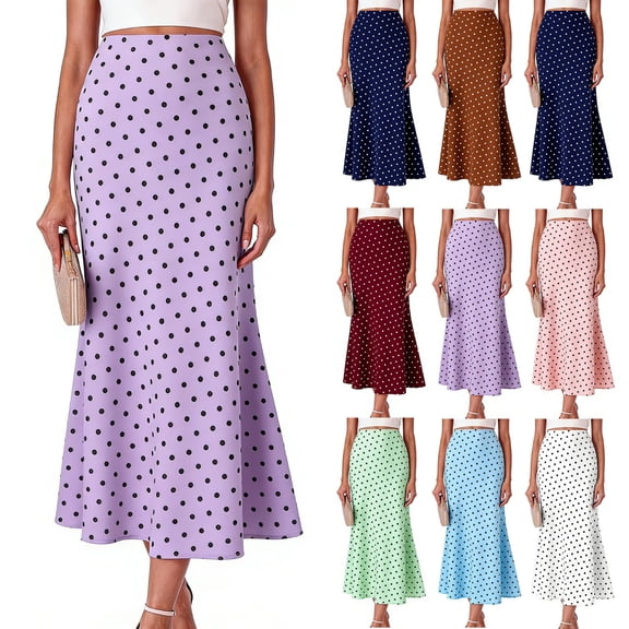 RYDCOT Women's Flowy Skirts Elastic High Waisted Polka Dot Printed Trendy Casual Skirts Wine