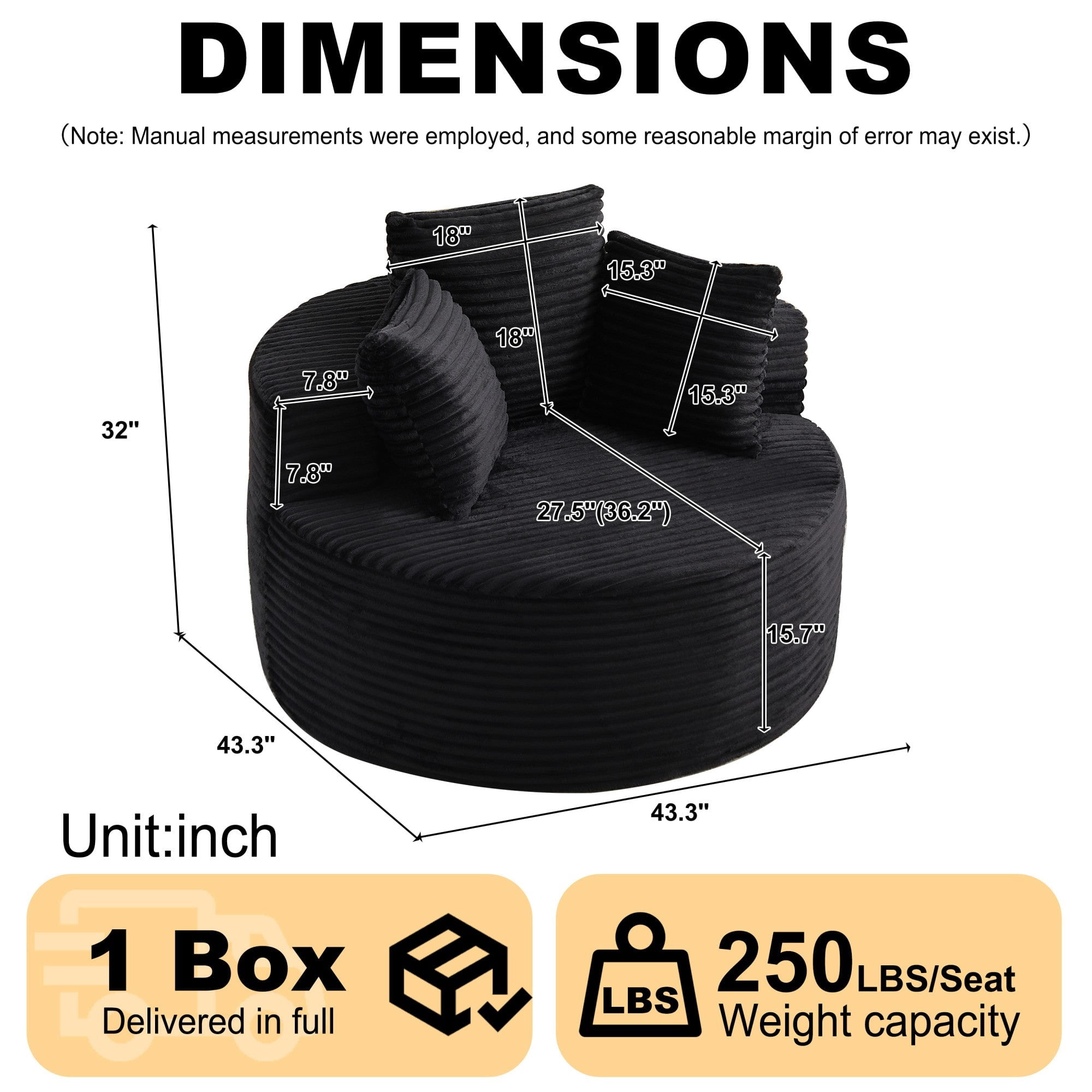 Sailvan 43" Round Corduroy Single Sofa Lounge Chair with 3 Pillows, Modern Minimalist Accent Chair for Bedroom, Living Room & Game Room Black
