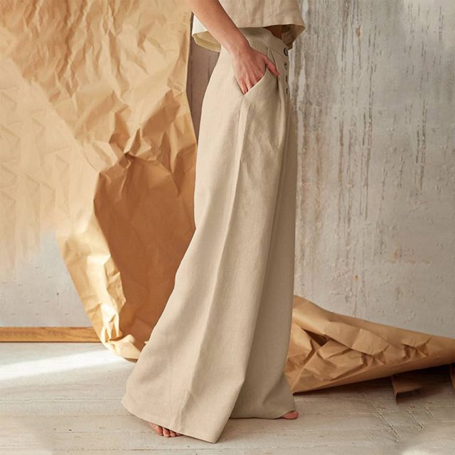 Pantalones Anchos Pantalones de pierna ancha para mujer Pantalones casuales de cintura alta de algodón con bolsillos (Caqui XXL) Cgtredaw Para estrenar