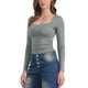 thumbnail image 4 of Blusas básicas ajustadas de manga larga con escote cuadrado para mujer, fruncidas, de stretch, color gris oscuro, 4 of 6