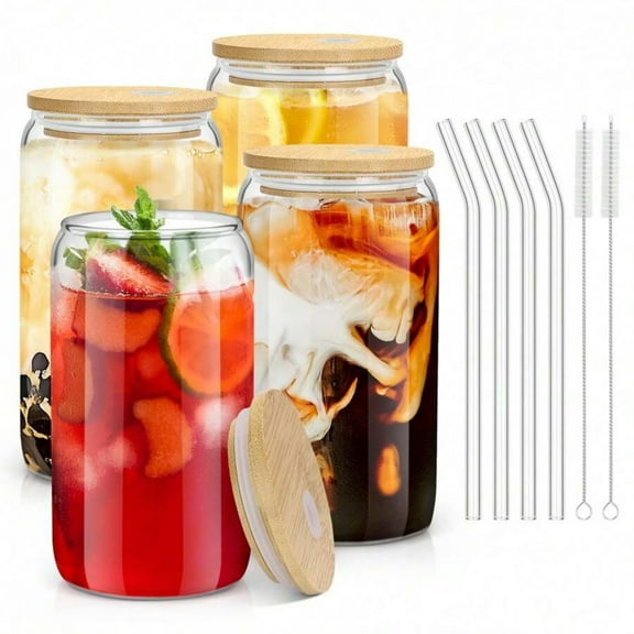 4 Pcs Glass Cups With Bamboo Lids And Straws,16 Oz Glass Tumbler With Straw And Lid, Ice Coffee Glasses Cute Tumbler Cup Great For Soda Boba Tea Cocktail Include 2 Cleaning Brushes
