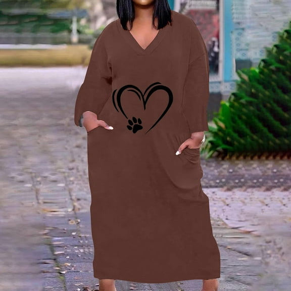 COSFO Long Sleeve Dresses for Women 2024 Casual Love Heart Brown V-Neck Midi Dresses A-Line with Pockets Loose Fit Plus Size Dresses