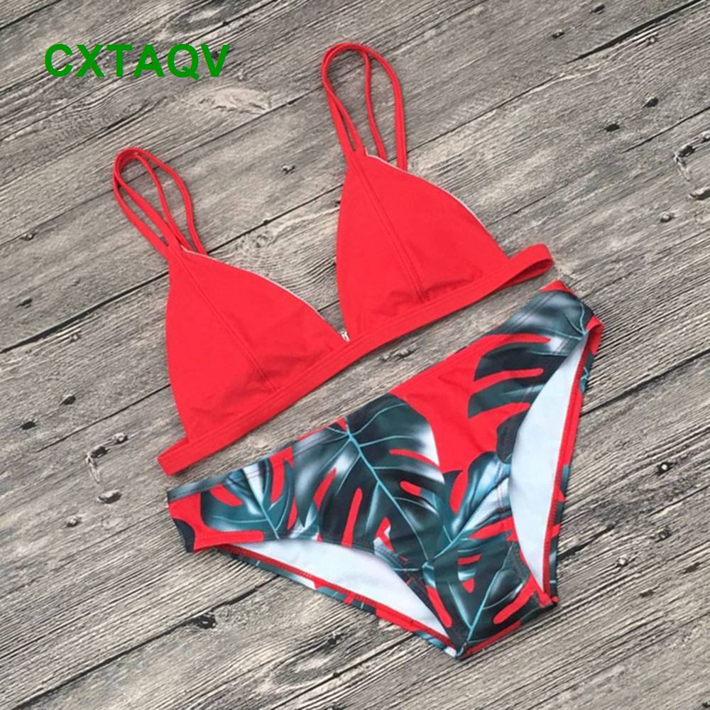 QWZNDZGR 2018 Low Waist Solid Top Leaf Print Triangle Bottom Bikini Set Blue, Azure, Red, Orange Swimwear Beachwear - Walmart.com