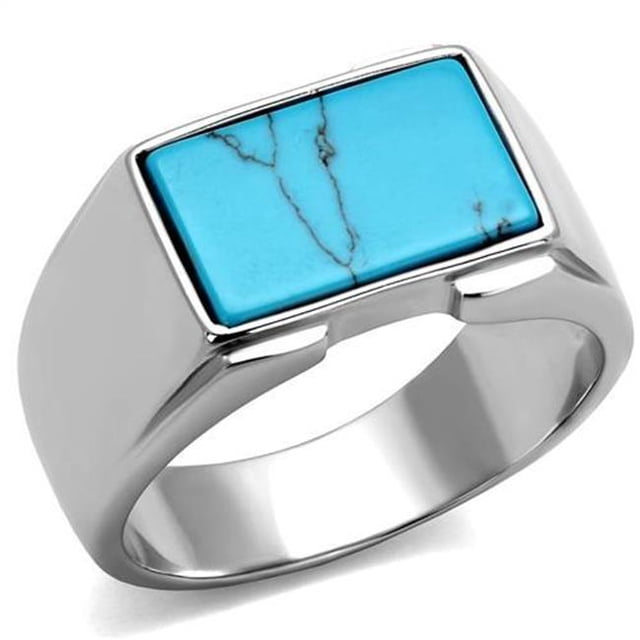Men High Polished Stainless Steel Ring with Synthetic in Sea Blue - Size 10