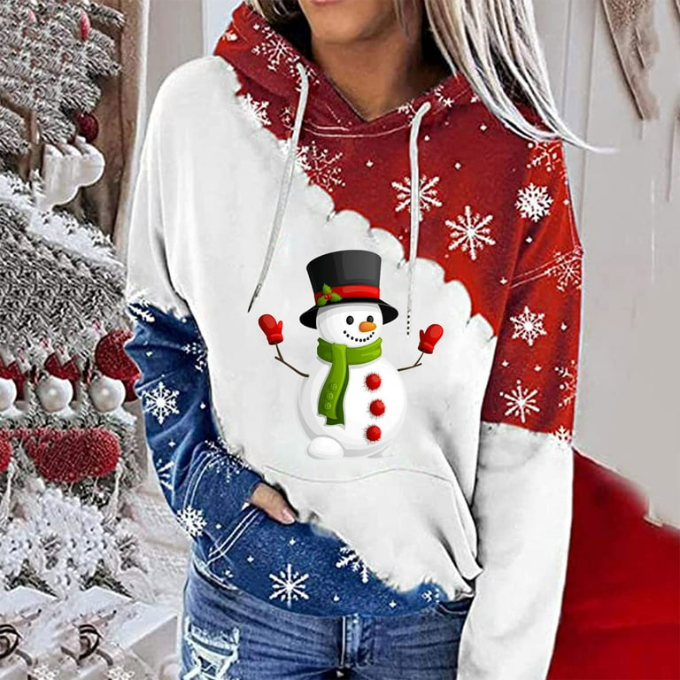 Christmas Hoodie Tops for Women Cute Snowman Print Pullover Plus Size  Casual Fashion Xmas Graphic Hooded Sweatshirts 