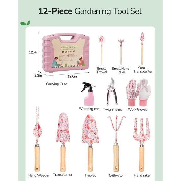 12-Piece Womens Gardening Tools Gift Set, Rust-Proof & Heavy-Duty Garden Tools with Durable Carrying Case, Fashionable & Thoughtful Gardening Gifts for Women&Men (Pink)
