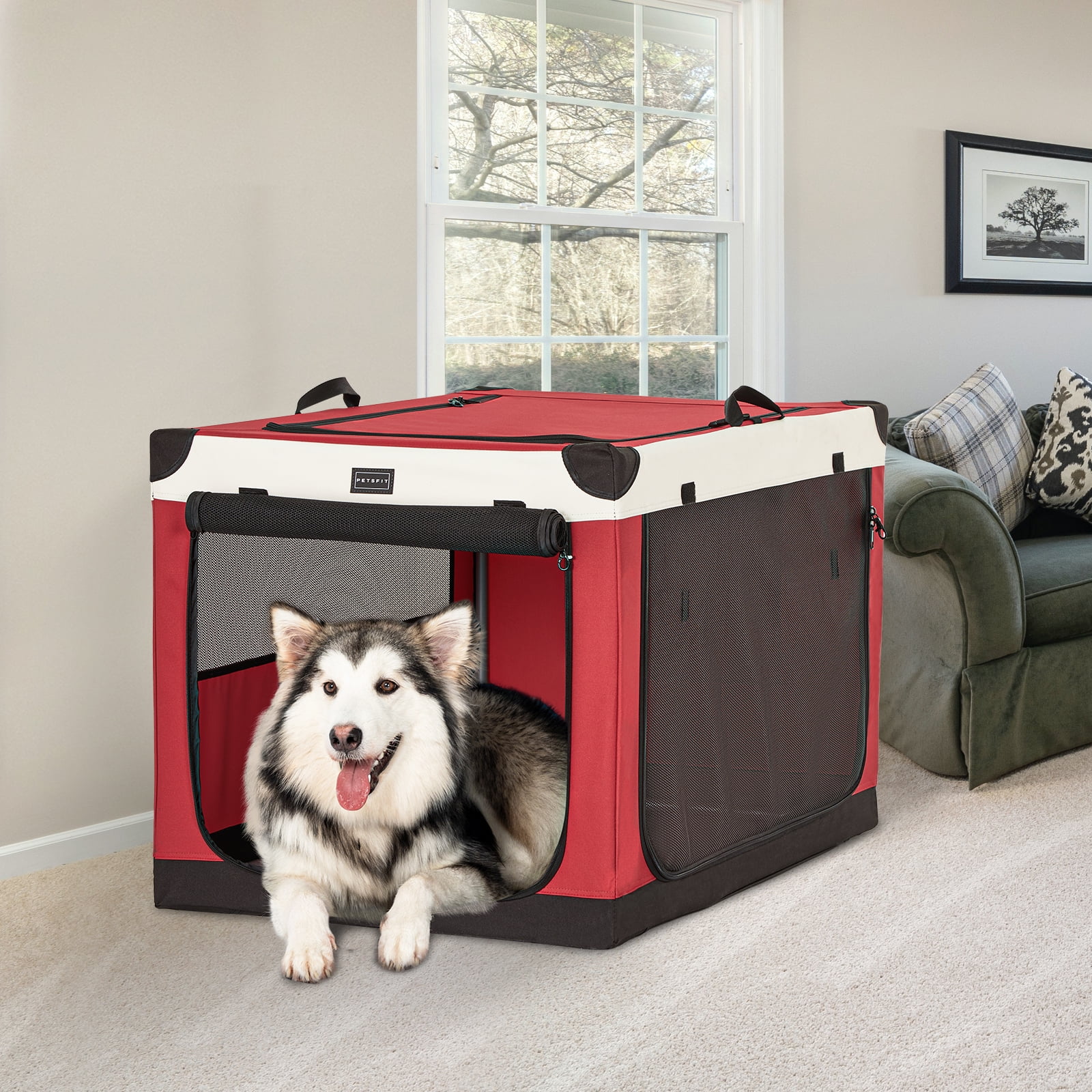 Petsfit 39.5 Inch Dog Kennel, Adjustable Fabric Cover by Spiral Iron Pipe, Chew Proof 3 Door Design, Soft Portable Dog Crate,Red