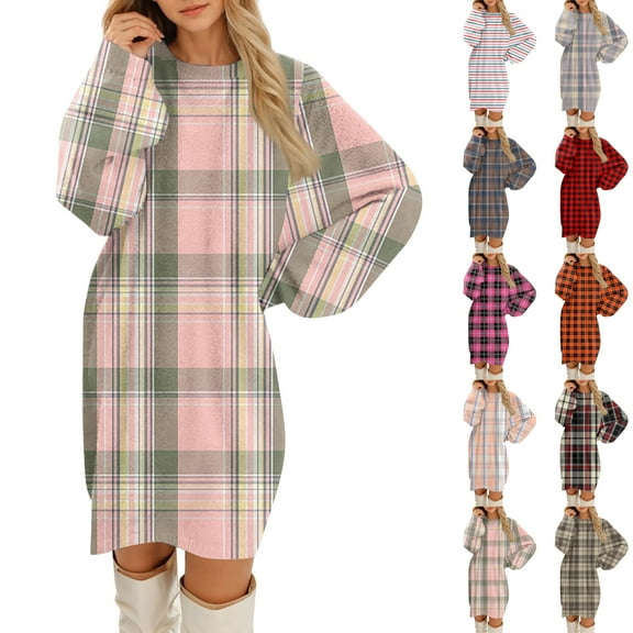 Women's Casual Dress Long Sleeve Round Neck Plush Flannel Plaid Print Loose Fit Winter Dress for Holiday Season,Complexion,L
