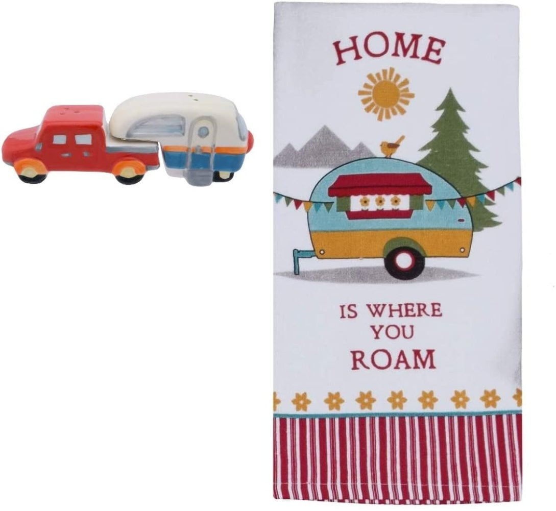 RV Camper Salt and Pepper Shakers Camper Dish Towel Home Is Where You Park It Kitchen Cookbook Bookmark 3 Piece Bundle 