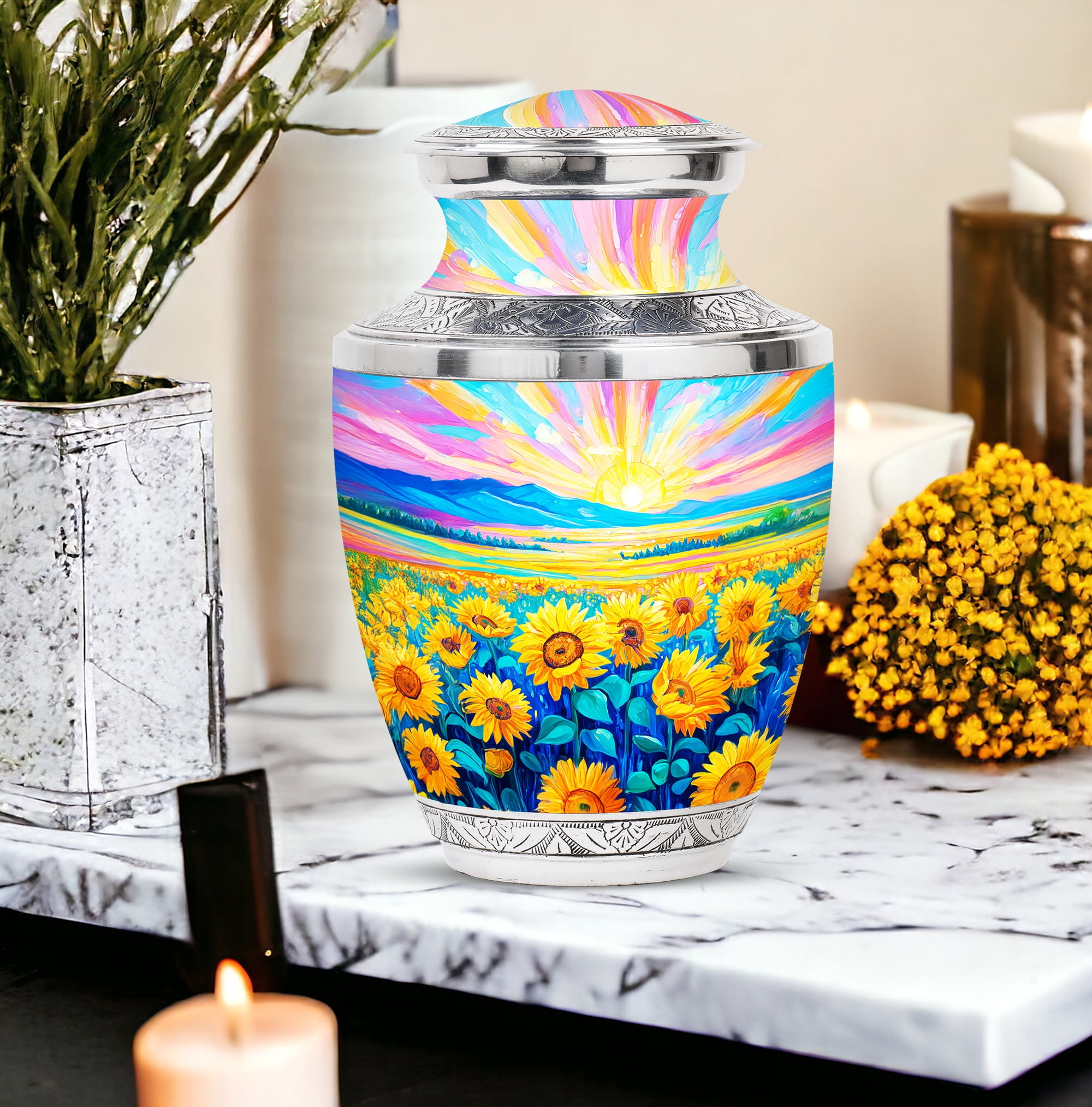 MUKTIVE Sunflower Large Cremation Urn for Human Ashes Mom & Dad, Memorial Blue Urns for Ashes Adult Male & Female, Funeral Urns for Ashes, Urn for Husband & Wife, 10 Inch