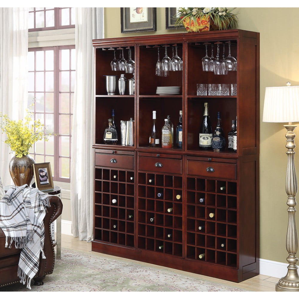 Wooden Traditional 3Piece Wine Wall Bar Unit, Cherry Brown