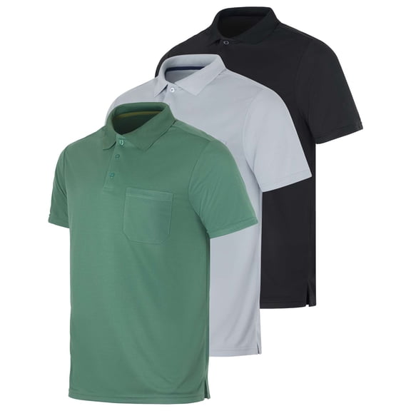 Real Essentials 3 Pack: Mens Short Sleeve Dry-Fit Collared Polo Shirt With Pocket - Active Casual (Available Big & Tall)
