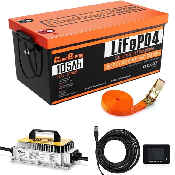 Cloudenergy 48V(51.2V) 105Ah LiFePO4 Lithium Golf Cart Battery Built-in 250A BMS,with Mobile APP,Touch Monitor and retention strap,6000  Cycles,Perfect for Golf Carts(GFA48V-105AH With Charger)