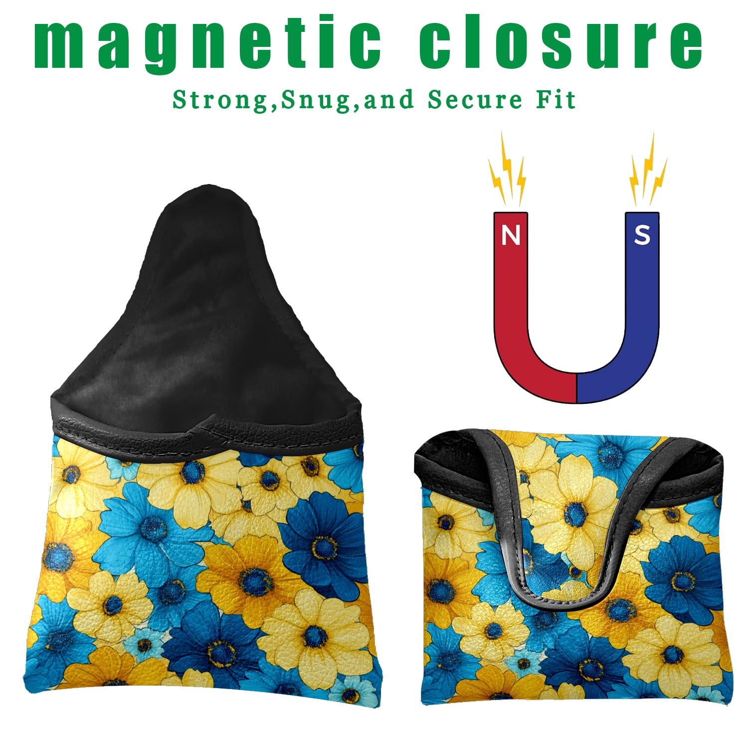 Golf Mallet Putter Cover Premium Leather Waterproof Golf Putter Head Cover with Magnetic Closure Yellow Blue Flowers