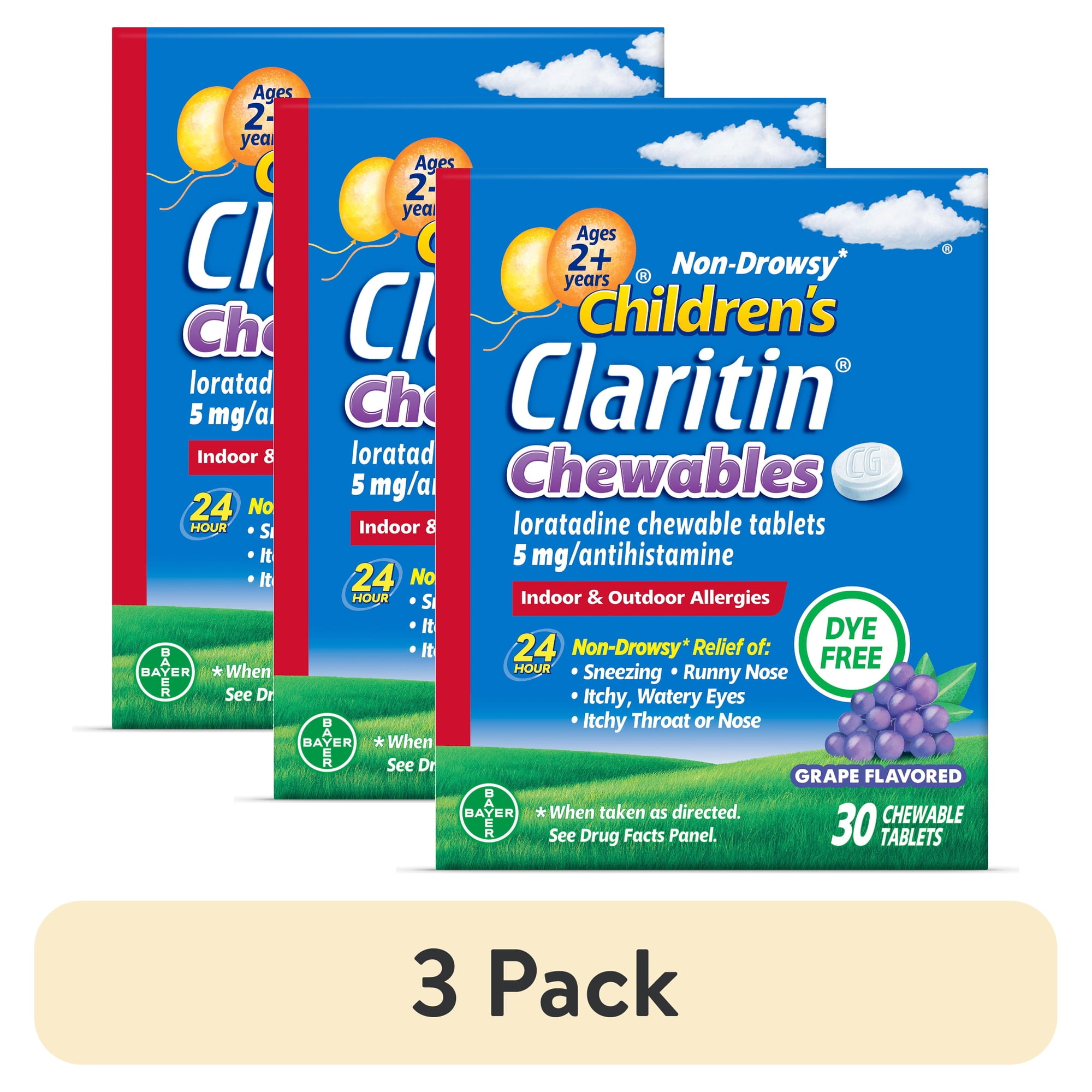 (3 pack) Children's Claritin 24 Hour Non-Drowsy Allergy Relief, Grape Chewable Tablets, Dye-free, 30 Count