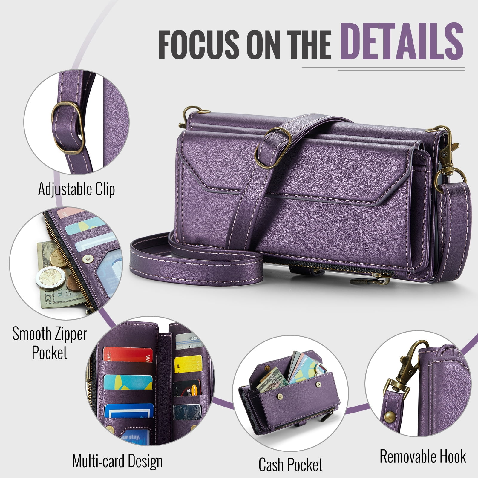 Asuwish Compatible with Samsung Galaxy A15 5G/4G Zipper Wallet Phone Case Tempered Glass Screen Protector Crossbody Lanyard Strap Flip Card Holder Slot Cell Cover for A 15 G5 15A Women Girls Purple
