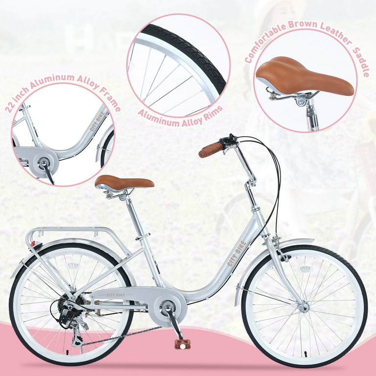 22 Inch Womens Beach Cruiser Bike City Bike 7 Speeds Steel Frame with Rear Rack Commuter Bicycle Silver